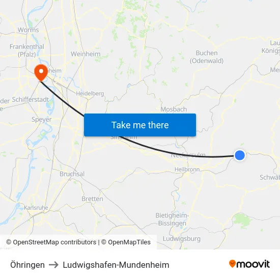Öhringen to Ludwigshafen-Mundenheim map