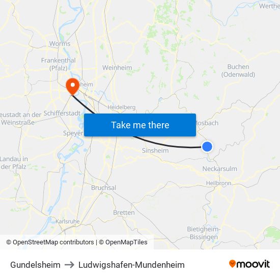 Gundelsheim to Ludwigshafen-Mundenheim map