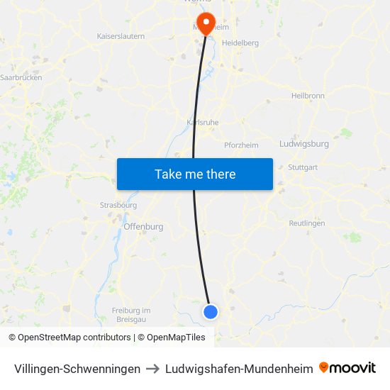 Villingen-Schwenningen to Ludwigshafen-Mundenheim map