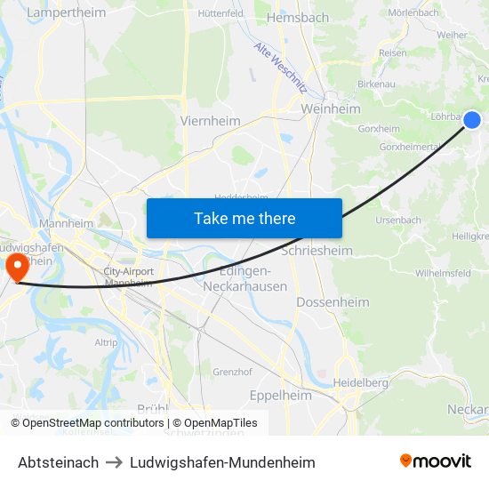 Abtsteinach to Ludwigshafen-Mundenheim map
