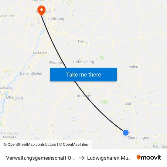 Verwaltungsgemeinschaft Ochsenhausen to Ludwigshafen-Mundenheim map