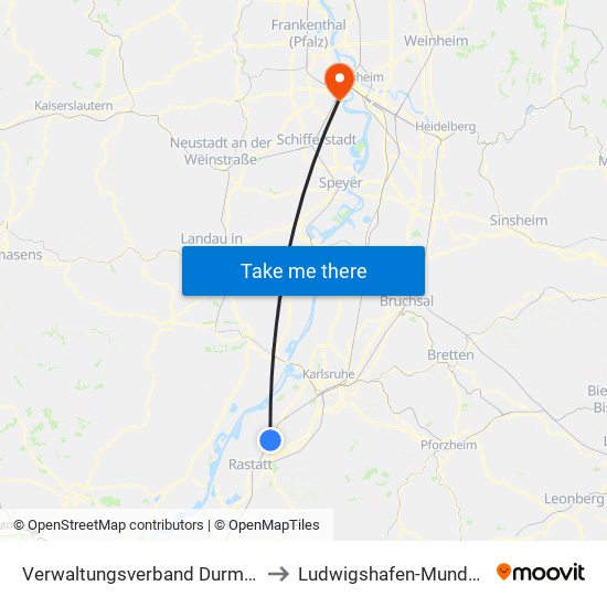 Verwaltungsverband Durmersheim to Ludwigshafen-Mundenheim map