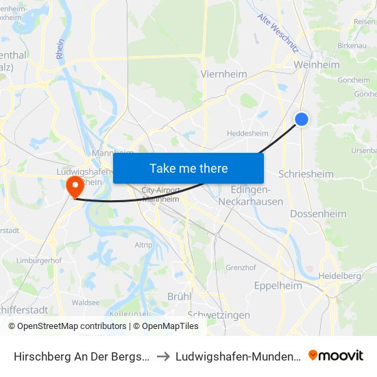 Hirschberg An Der Bergstraße to Ludwigshafen-Mundenheim map