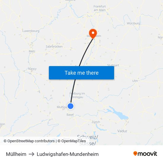 Müllheim to Ludwigshafen-Mundenheim map