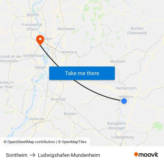 Sontheim to Ludwigshafen-Mundenheim map