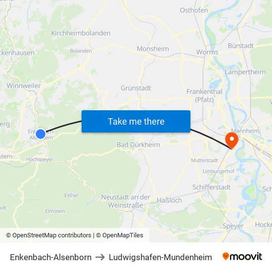 Enkenbach-Alsenborn to Ludwigshafen-Mundenheim map