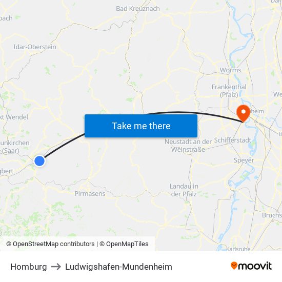 Homburg to Ludwigshafen-Mundenheim map