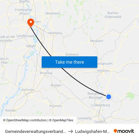 Gemeindeverwaltungsverband Steinheim-Murr to Ludwigshafen-Mundenheim map