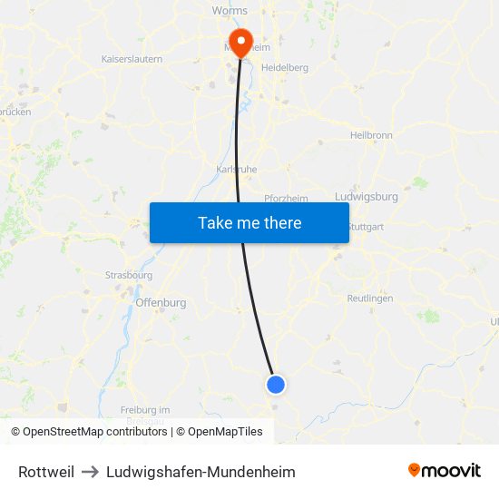 Rottweil to Ludwigshafen-Mundenheim map