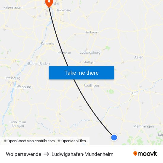 Wolpertswende to Ludwigshafen-Mundenheim map