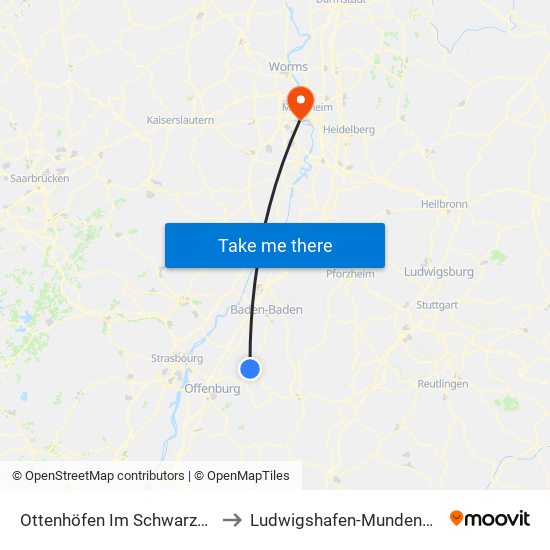 Ottenhöfen Im Schwarzwald to Ludwigshafen-Mundenheim map