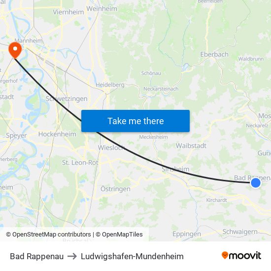 Bad Rappenau to Ludwigshafen-Mundenheim map