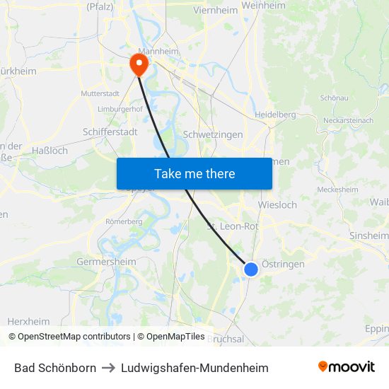 Bad Schönborn to Ludwigshafen-Mundenheim map