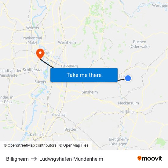 Billigheim to Ludwigshafen-Mundenheim map