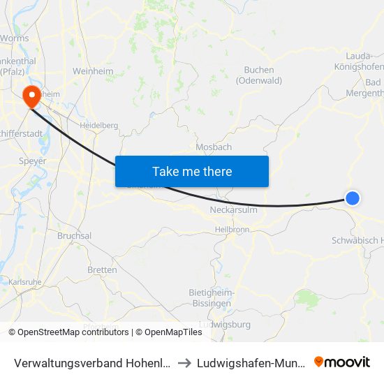 Verwaltungsverband Hohenloher Ebene to Ludwigshafen-Mundenheim map