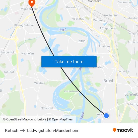 Ketsch to Ludwigshafen-Mundenheim map