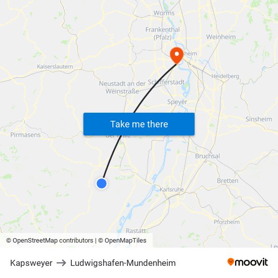 Kapsweyer to Ludwigshafen-Mundenheim map