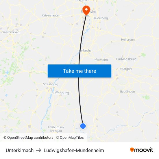 Unterkirnach to Ludwigshafen-Mundenheim map