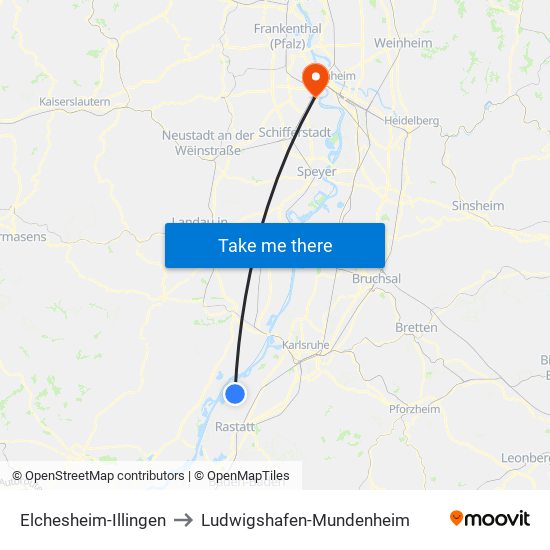 Elchesheim-Illingen to Ludwigshafen-Mundenheim map