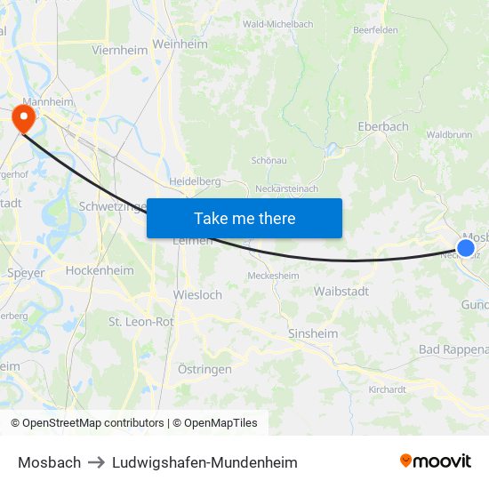 Mosbach to Ludwigshafen-Mundenheim map