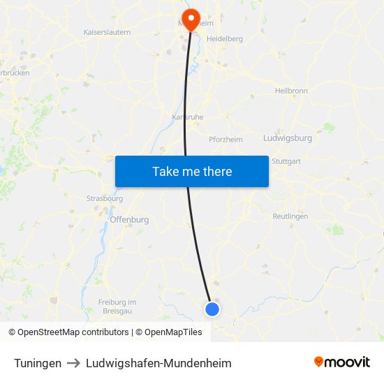 Tuningen to Ludwigshafen-Mundenheim map