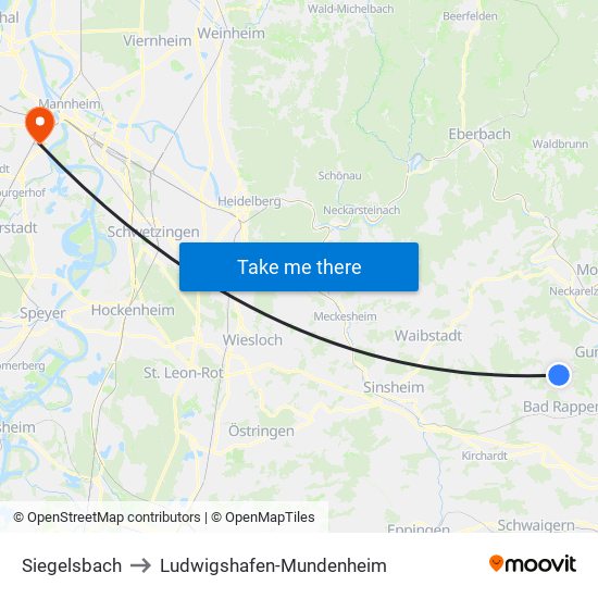 Siegelsbach to Ludwigshafen-Mundenheim map