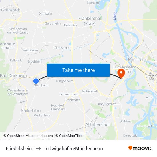 Friedelsheim to Ludwigshafen-Mundenheim map