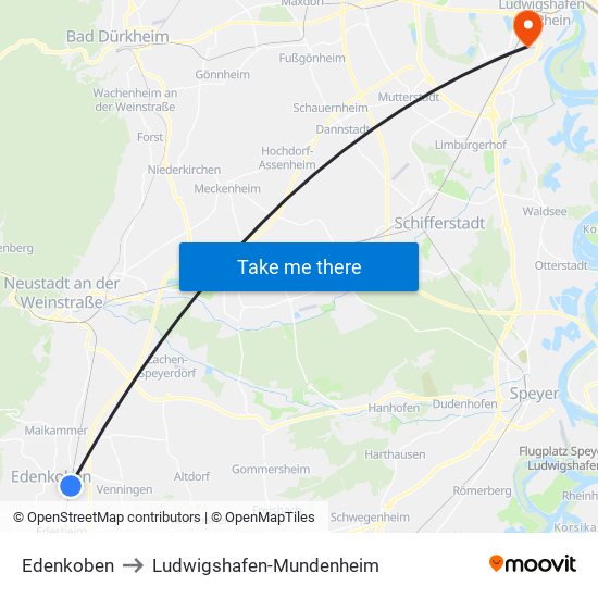 Edenkoben to Ludwigshafen-Mundenheim map