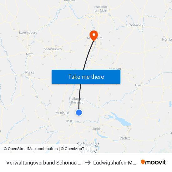 Verwaltungsverband Schönau Im Schwarzwald to Ludwigshafen-Mundenheim map