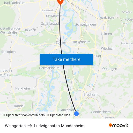 Weingarten to Ludwigshafen-Mundenheim map