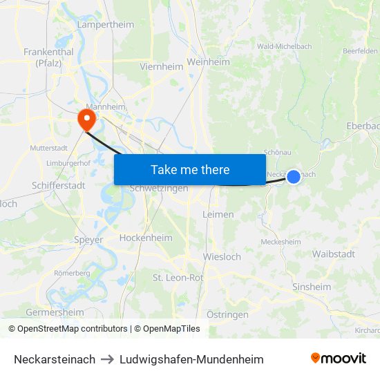 Neckarsteinach to Ludwigshafen-Mundenheim map