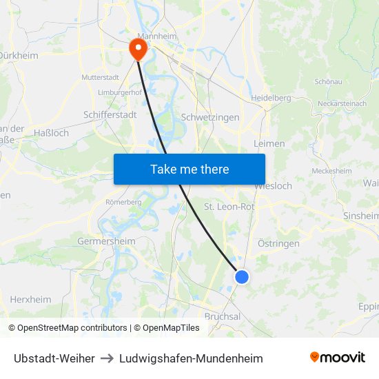 Ubstadt-Weiher to Ludwigshafen-Mundenheim map