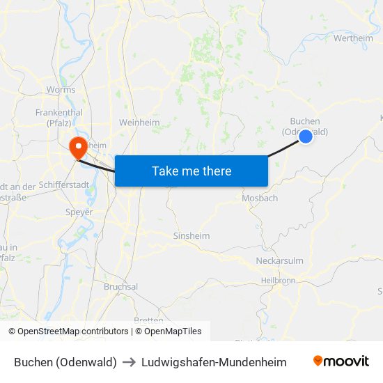 Buchen (Odenwald) to Ludwigshafen-Mundenheim map