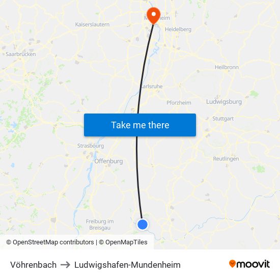 Vöhrenbach to Ludwigshafen-Mundenheim map