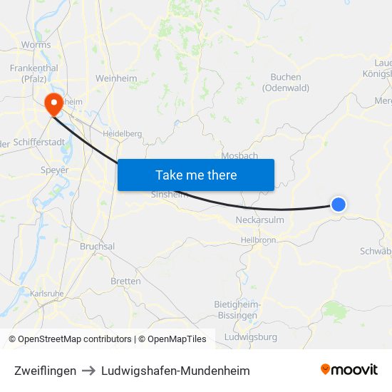 Zweiflingen to Ludwigshafen-Mundenheim map