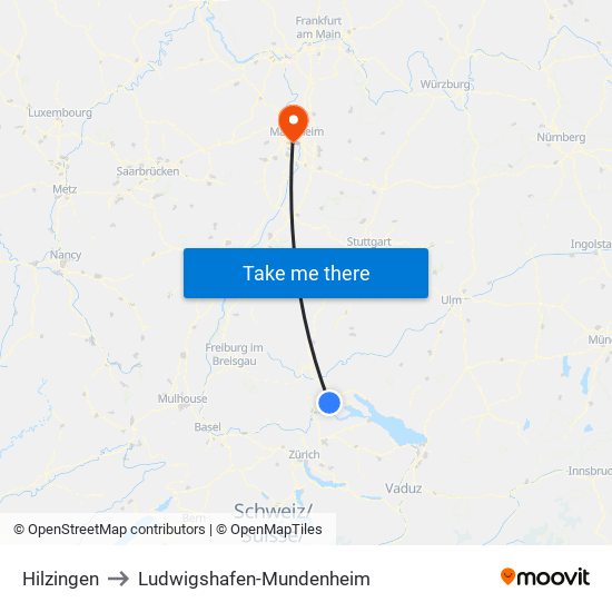 Hilzingen to Ludwigshafen-Mundenheim map