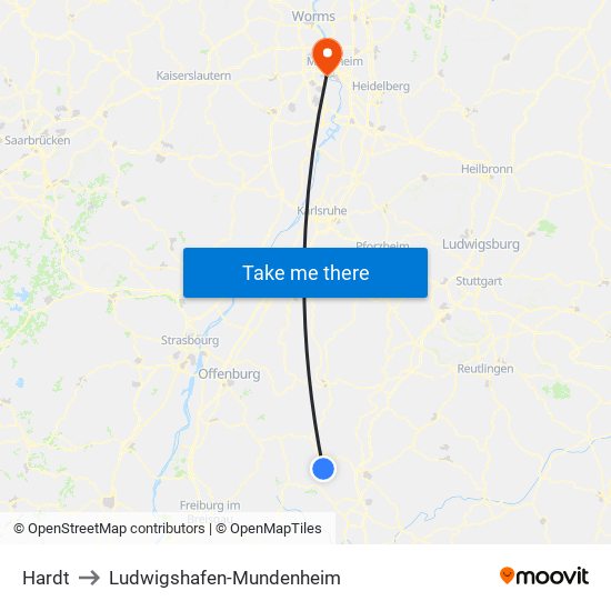 Hardt to Ludwigshafen-Mundenheim map