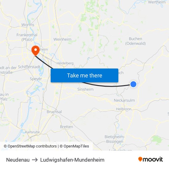 Neudenau to Ludwigshafen-Mundenheim map