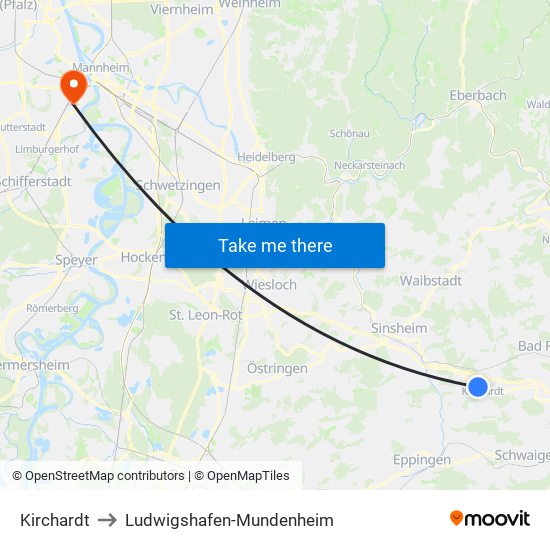 Kirchardt to Ludwigshafen-Mundenheim map