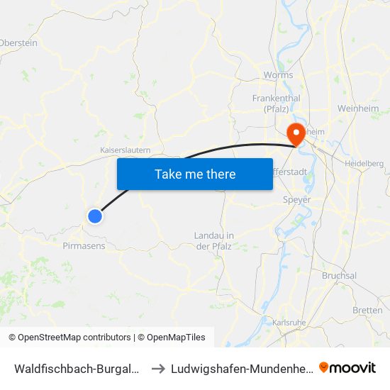 Waldfischbach-Burgalben to Ludwigshafen-Mundenheim map