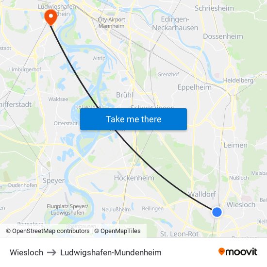 Wiesloch to Ludwigshafen-Mundenheim map