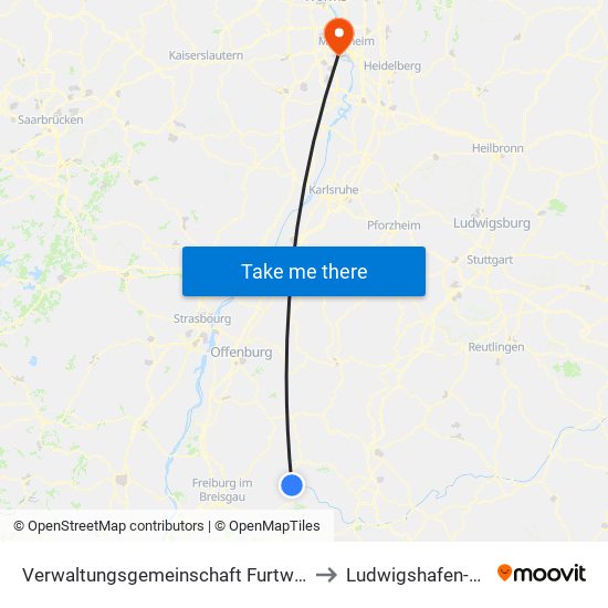 Verwaltungsgemeinschaft Furtwangen Im Schwarzwald to Ludwigshafen-Mundenheim map