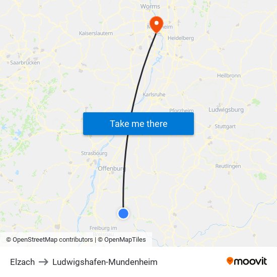 Elzach to Ludwigshafen-Mundenheim map