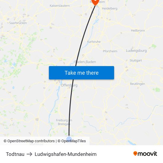 Todtnau to Ludwigshafen-Mundenheim map