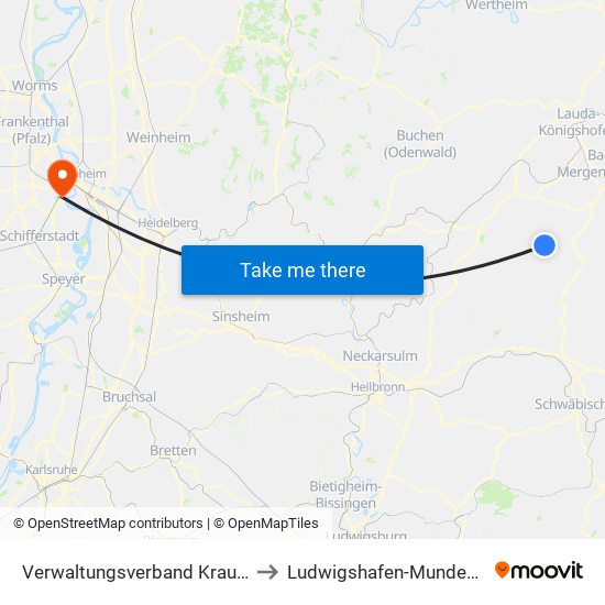 Verwaltungsverband Krautheim to Ludwigshafen-Mundenheim map