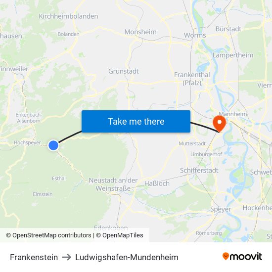 Frankenstein to Ludwigshafen-Mundenheim map