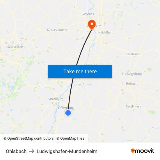 Ohlsbach to Ludwigshafen-Mundenheim map