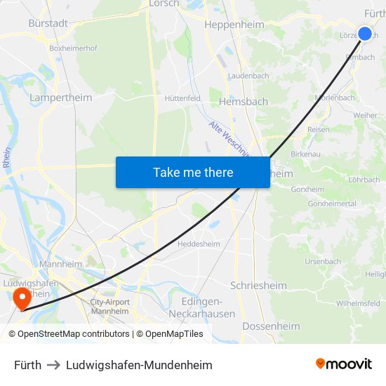 Fürth to Ludwigshafen-Mundenheim map