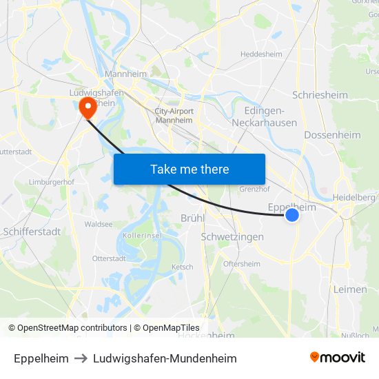 Eppelheim to Ludwigshafen-Mundenheim map