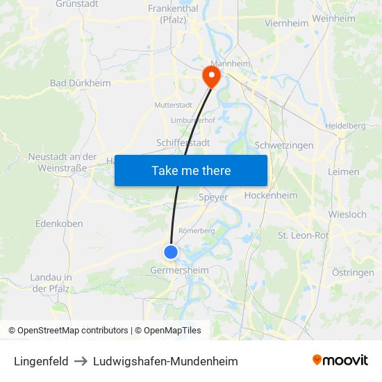 Lingenfeld to Ludwigshafen-Mundenheim map
